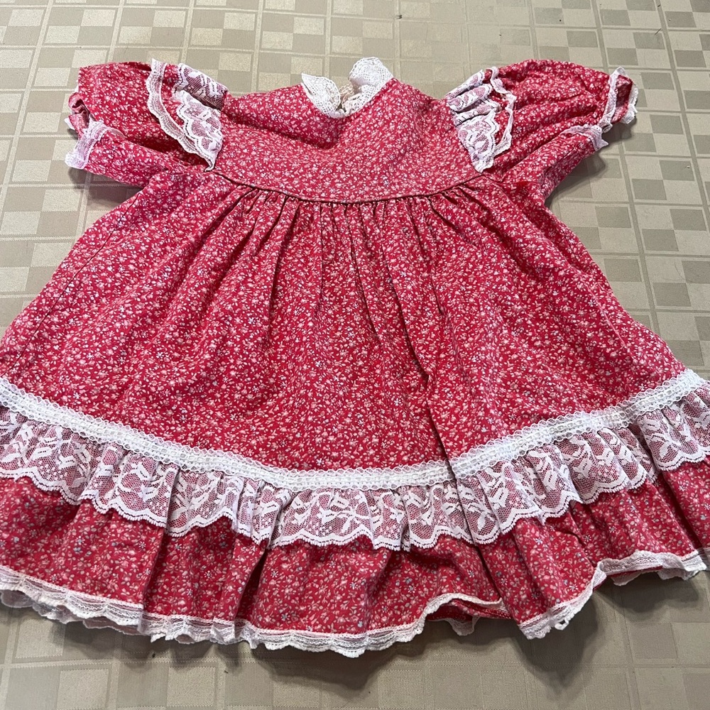 Bryan Red White Girl Flowers Lace Dress Size 3T‎ Short Sleeve USA Cotton Vintage
